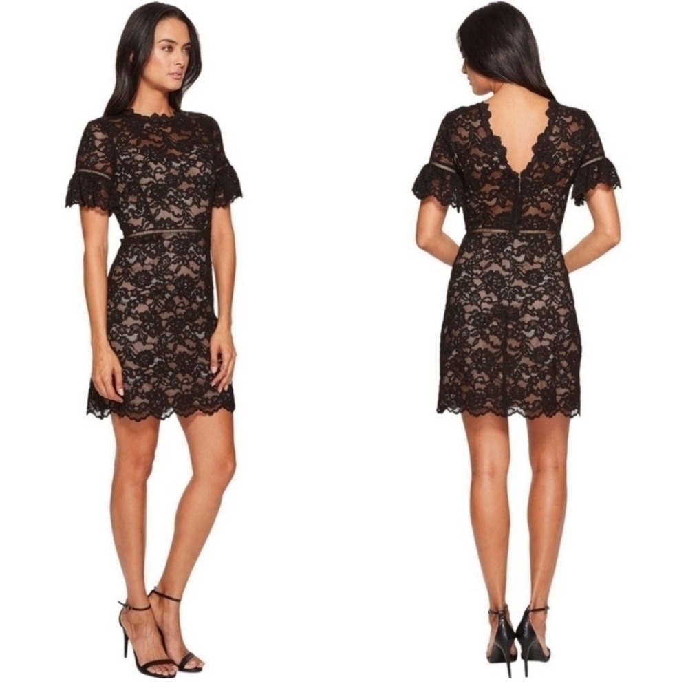NWT Rebecca Taylor Black Nude Lace Open Back Mini Dress Short Sleeve Sz 2